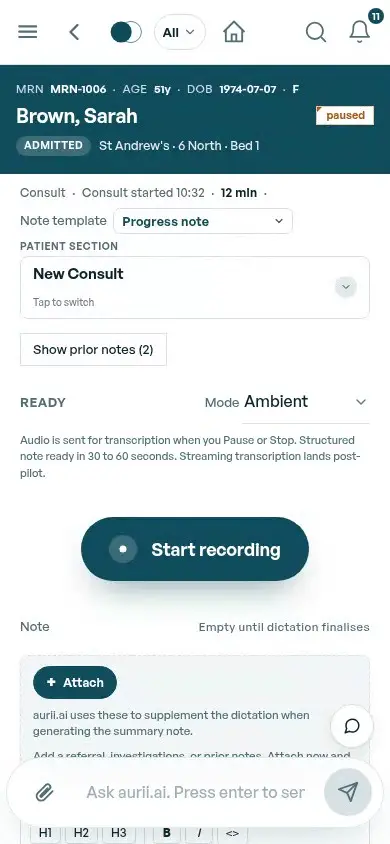The aurii consult screen on an iPhone, recording at the bedside.