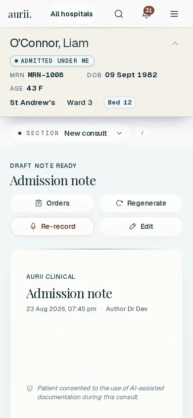 A drafted progress note in aurii with progress, examination and plan sections, ready to finalise.