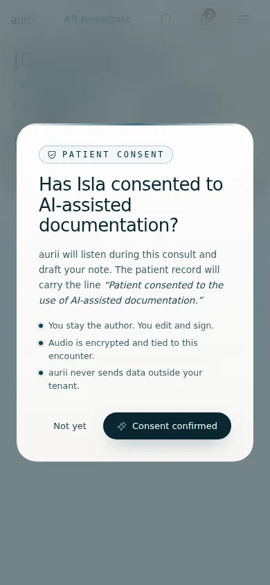 The aurii consult screen recording at the bedside, timer running.