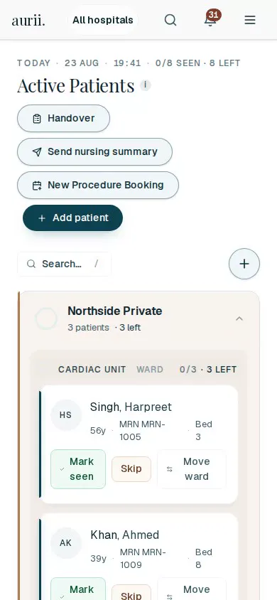 The aurii ward board listing active patients with review status and send controls.