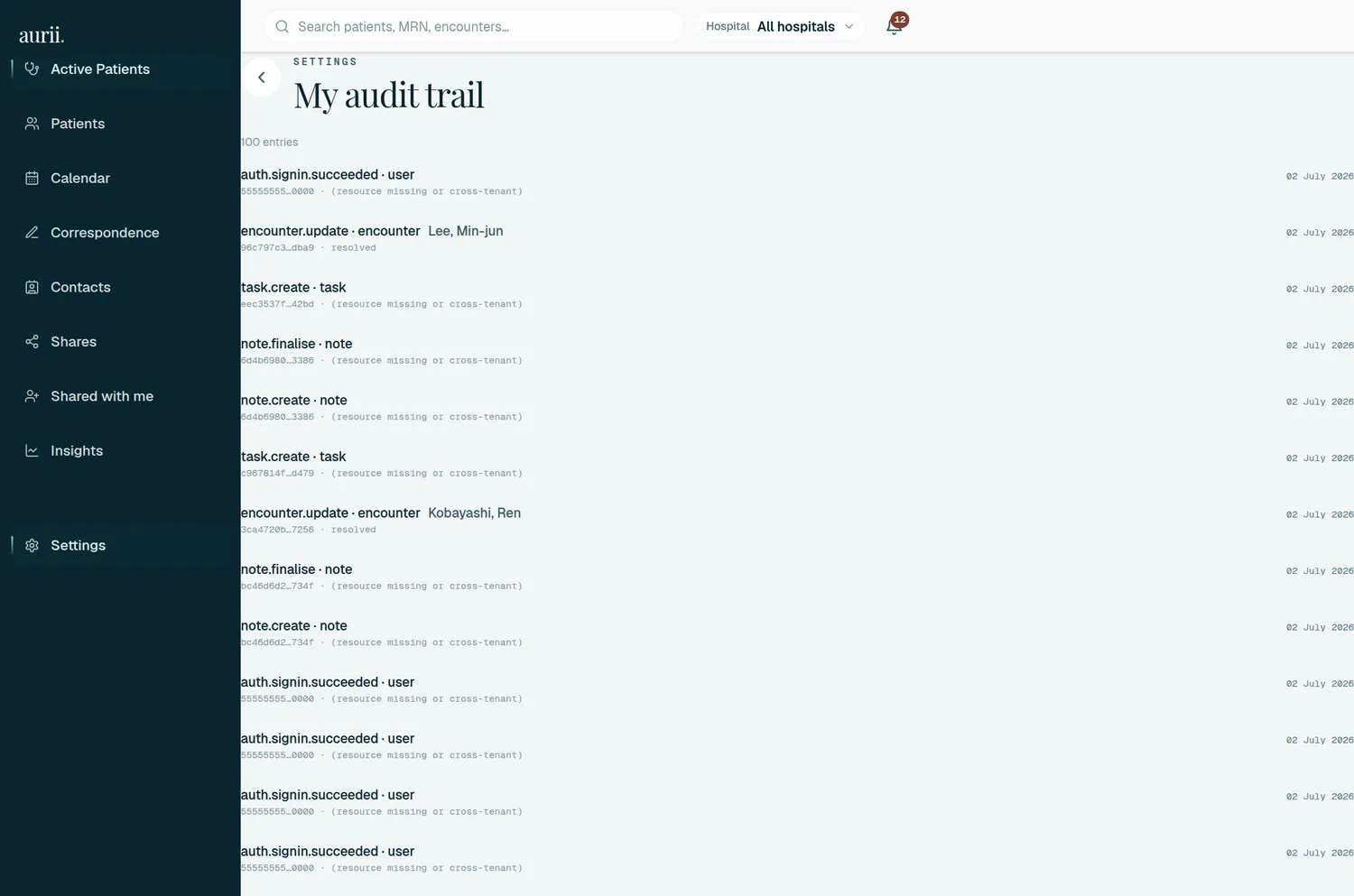 Screenshot of the aurii audit trail: an append-only list of actions such as note created, note finalised and encounter updated, each with a hash, actor and timestamp.