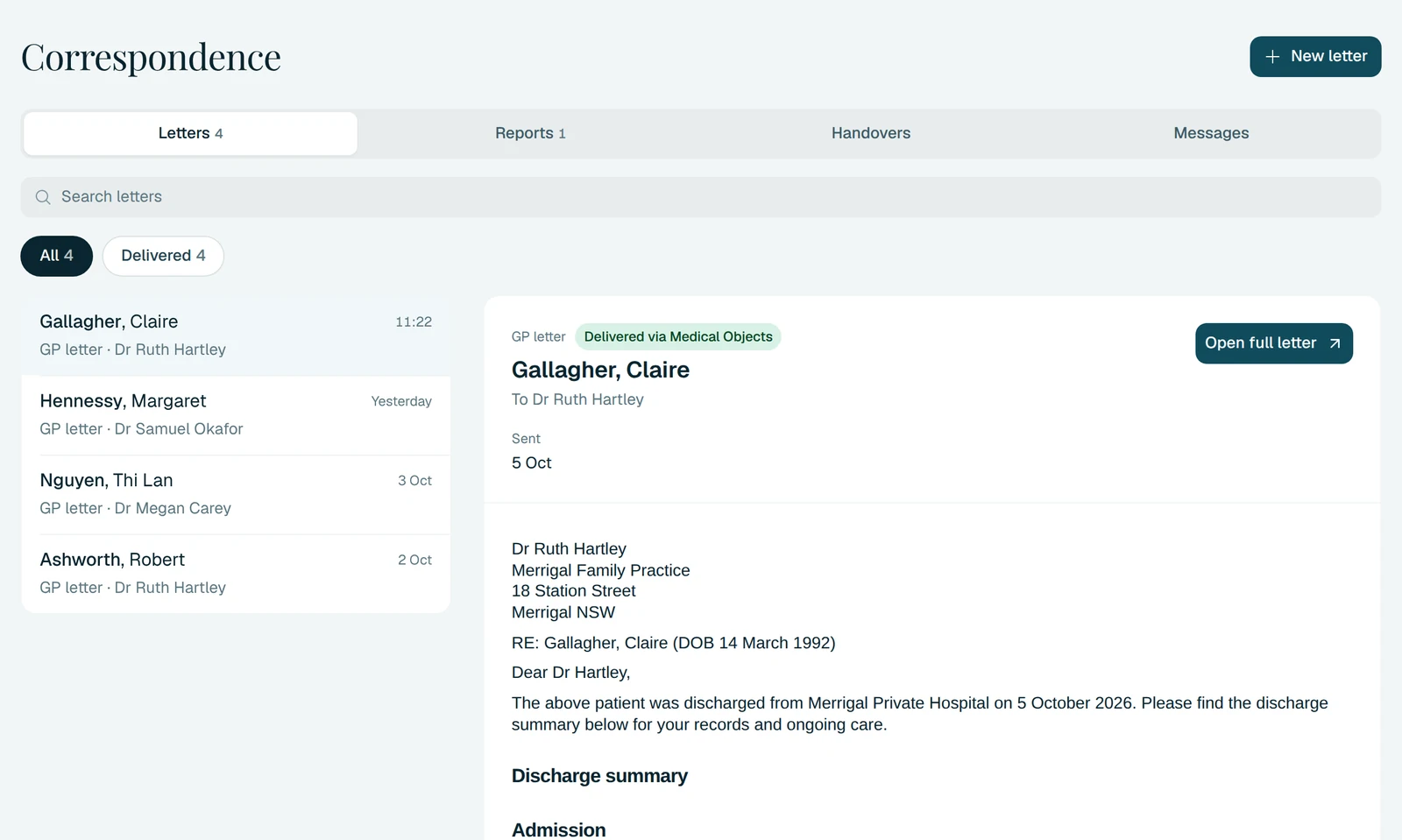 aurii's correspondence view, listing outgoing letters with their delivery status.
