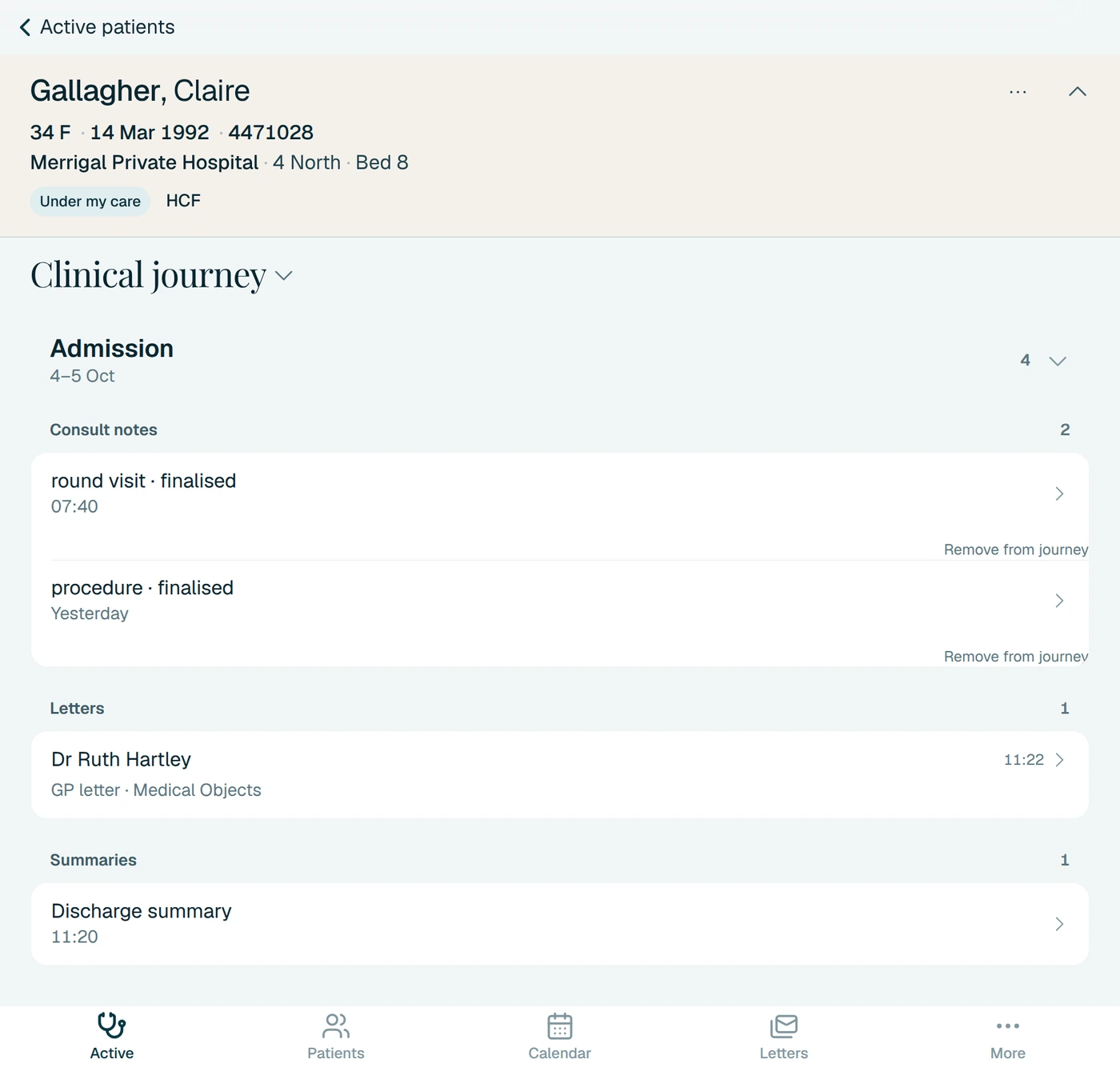 The clinical journey in aurii for Gallagher, Claire, Merrigal Private Hospital, 4 North, Bed 8, for the admission of 4 to 5 October 2026: two finalised consult notes (the procedure on 4 October and the round visit on 5 October), the GP letter to Dr Ruth Hartley sent over Medical Objects, and the discharge summary.