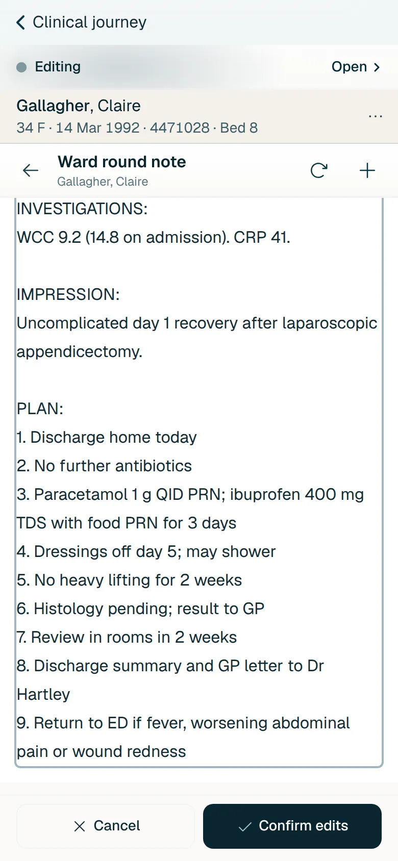 The same editor after the edit, with plan line 9 added: return to ED if fever, worsening abdominal pain or wound redness.