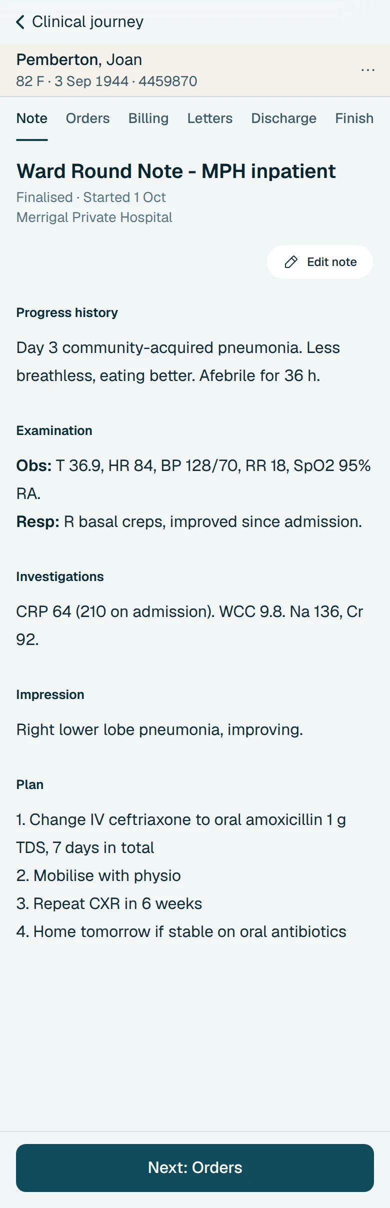 The finalised ward round note for Pemberton, Joan in aurii on a phone: day 3 community-acquired pneumonia, obs, CRP 64 from 210, impression of improving right lower lobe pneumonia, and the plan.