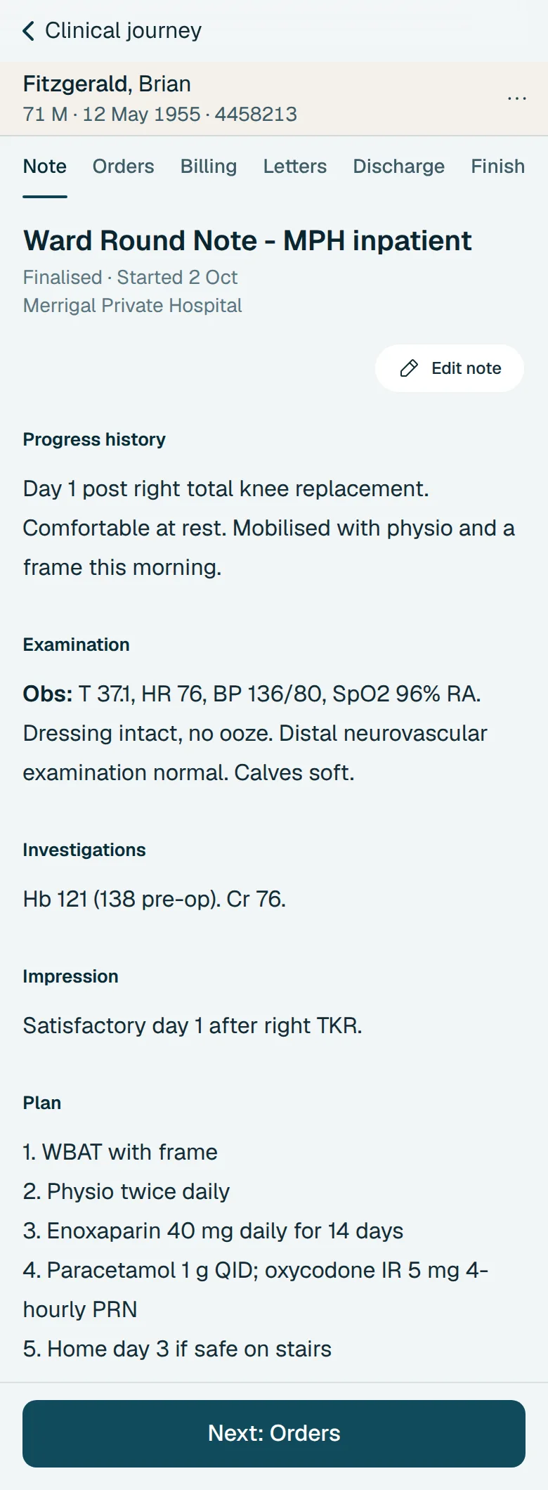 The finalised ward round note for Fitzgerald, Brian in aurii on a phone: day 1 post right TKR, obs, Hb 121 from 138 pre-op, and the plan for weight bearing, physiotherapy, enoxaparin, analgesia and discharge on day 3.