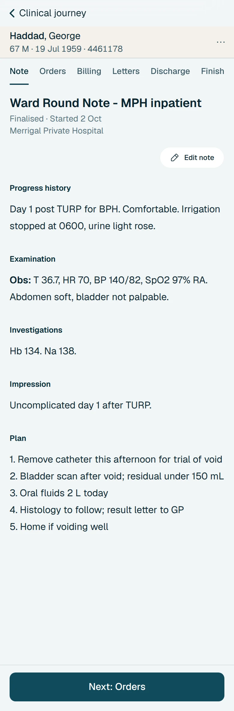 The finalised ward round note for Haddad, George in aurii on a phone: day 1 post TURP, obs, Hb 134 and Na 138, and a five-line plan from catheter removal for a trial of void to home if voiding well.